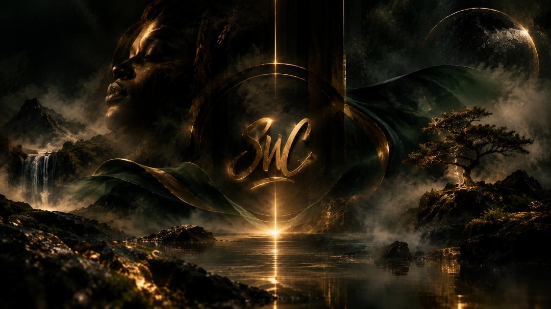Misty SWC landscape with dark green fabric, golden light and a sculptural portrait